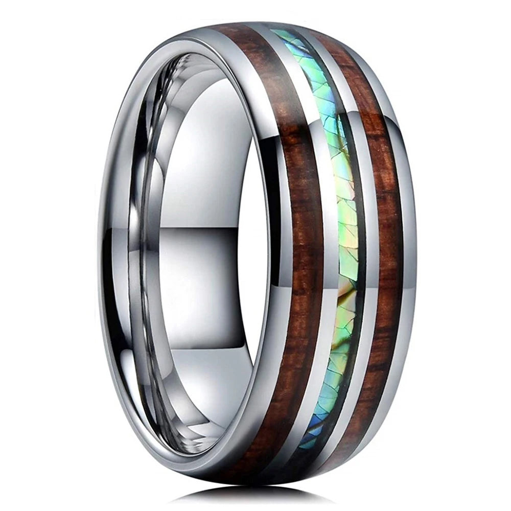 8mm men’s rose gold color stainless steel rings hawaiian koa wood and abalone shell opal inlay ring wedding band