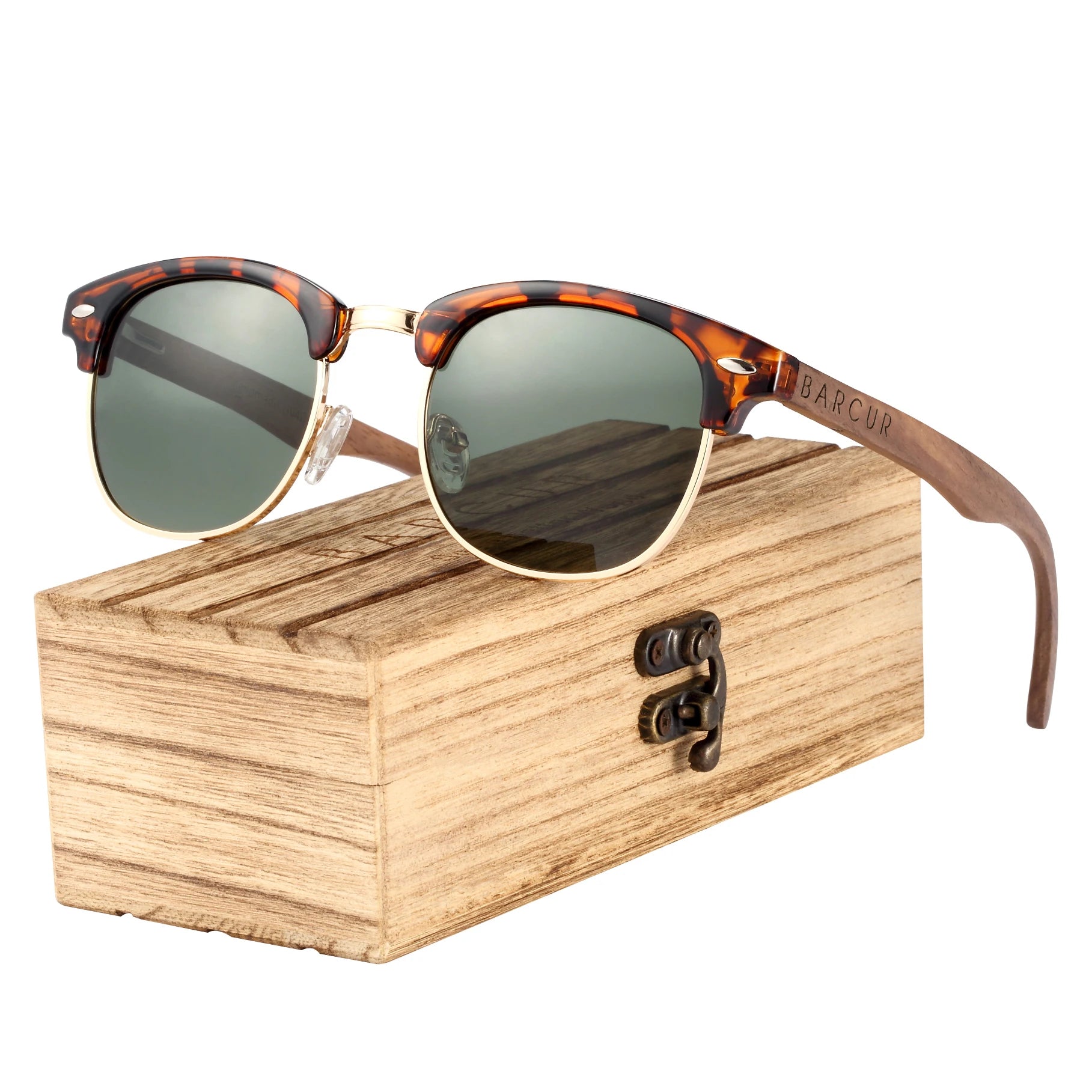 Barcur classic black walnut wood sunglasses men polarized sun glasses women handmade eyewear oculos - greenkish box