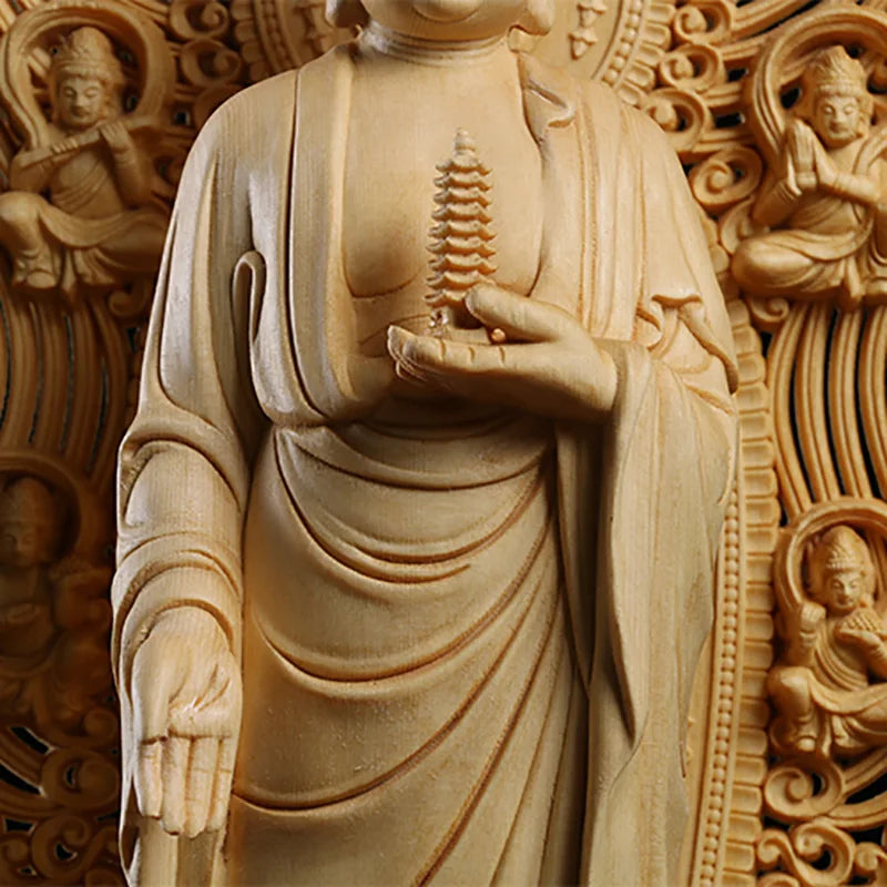 Wooden pharmacist large buddha statue solid wood carving lotus tower home living room decoration crafts 43cm / 16.89