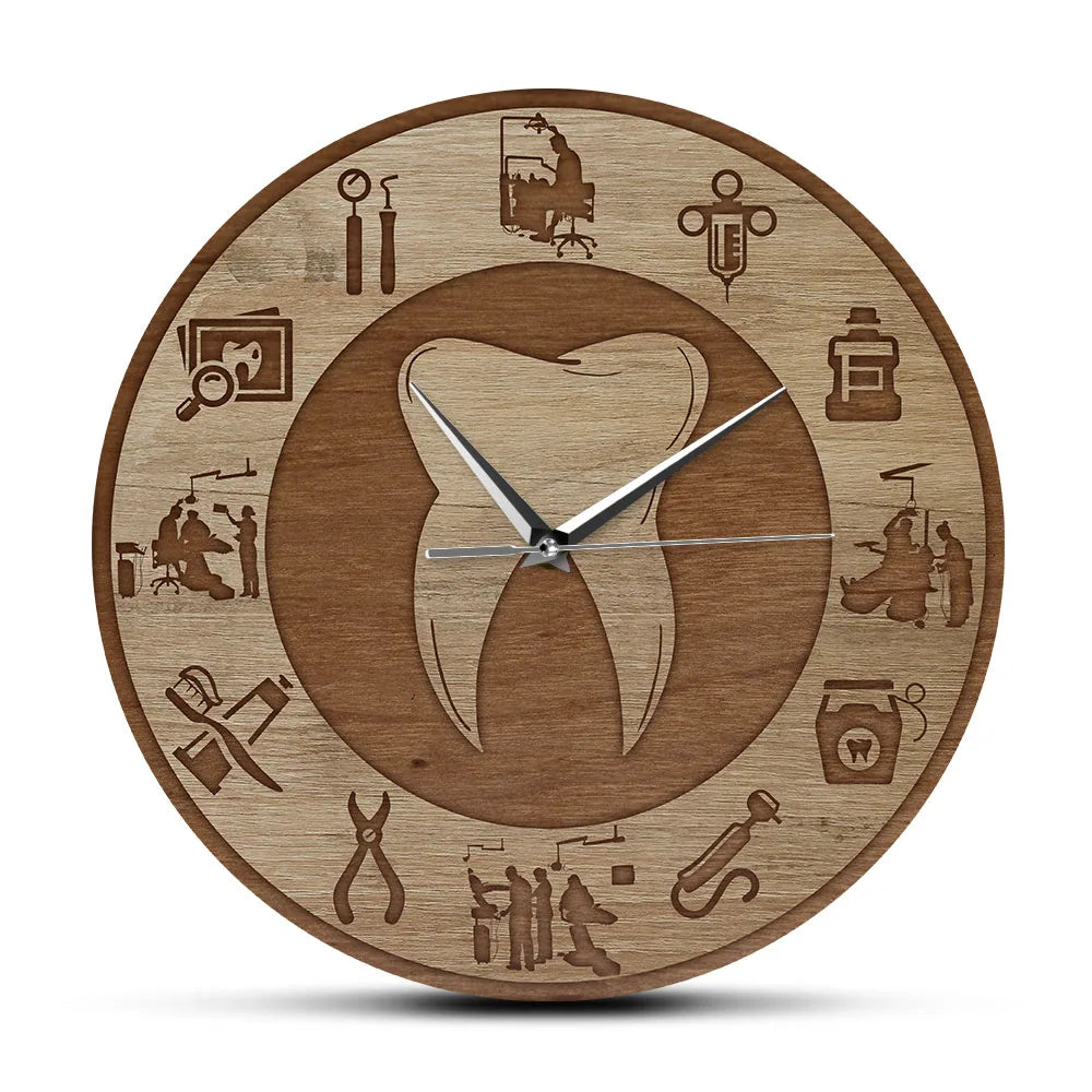 Dental design wood texture acrylic print wall clock silent move watch dentist clinic decor orthodontics art hygienist