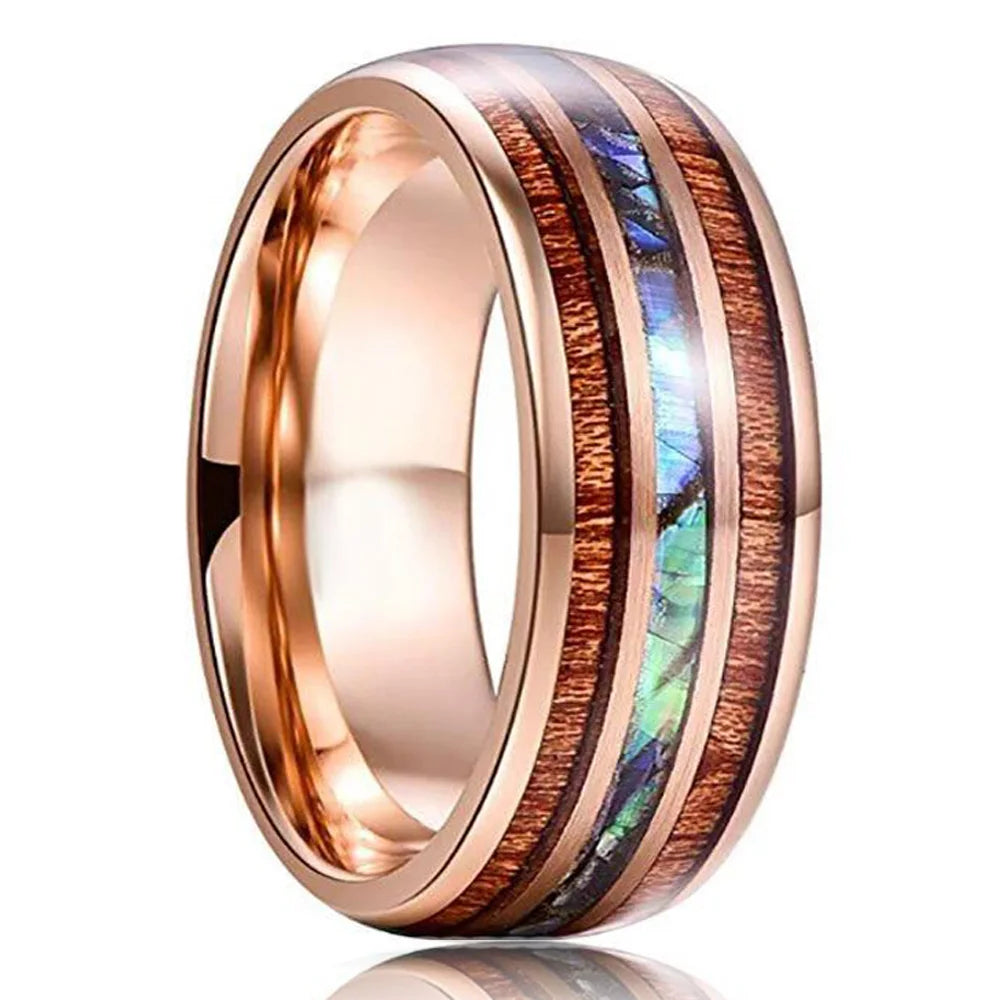 2023 fashion 8mm men black titanium wild life hunting ring koa wood inlay deer family silhouette steel wedding band