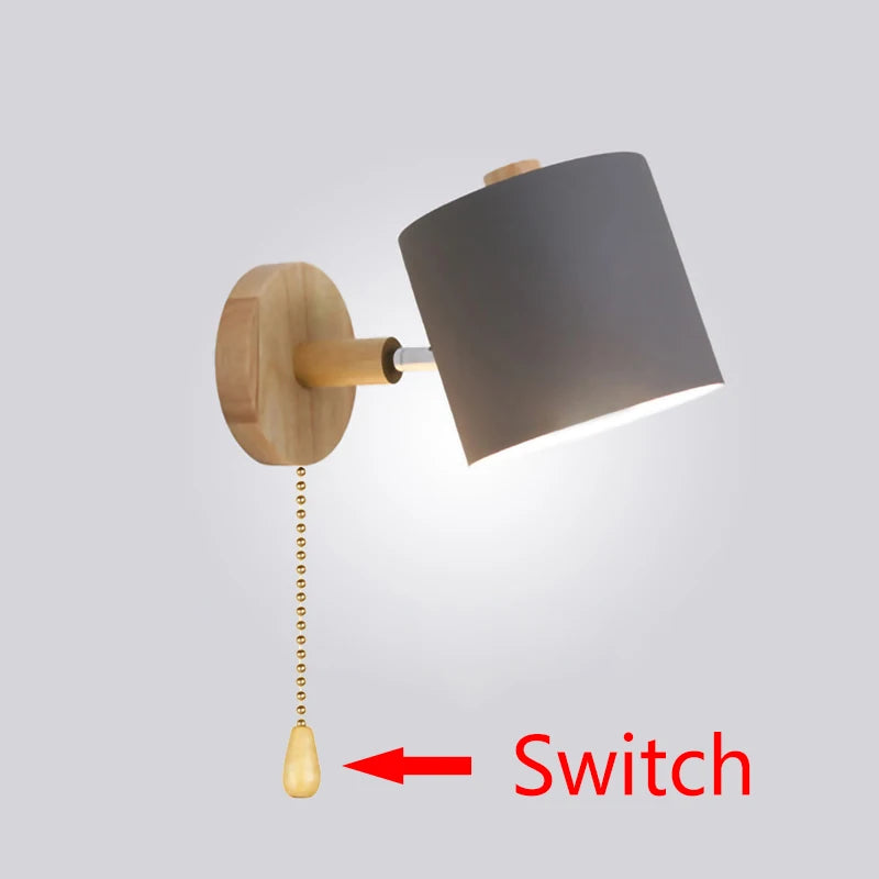 Nordic modern e27 led wall lamp with switch and eu us plug adjustable wood sconces light indoor home decor bedside