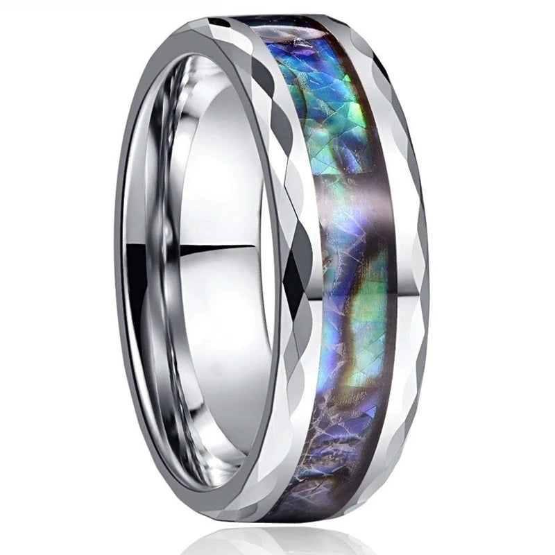 8mm men’s rose gold color stainless steel rings hawaiian koa wood and abalone shell opal inlay ring wedding band