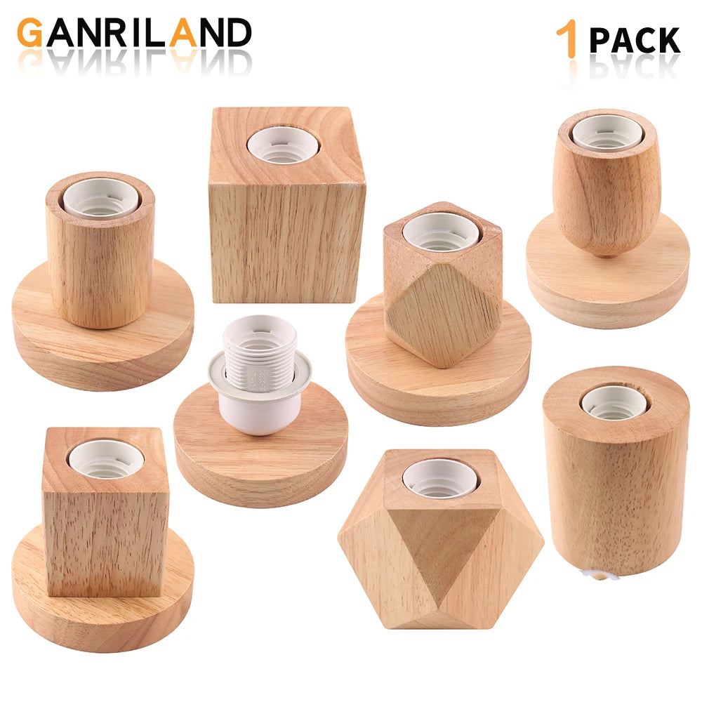 Ganriland retro wood table lamp e27 socket vintage desk base holder wooden light 220v eu plug bedside decor