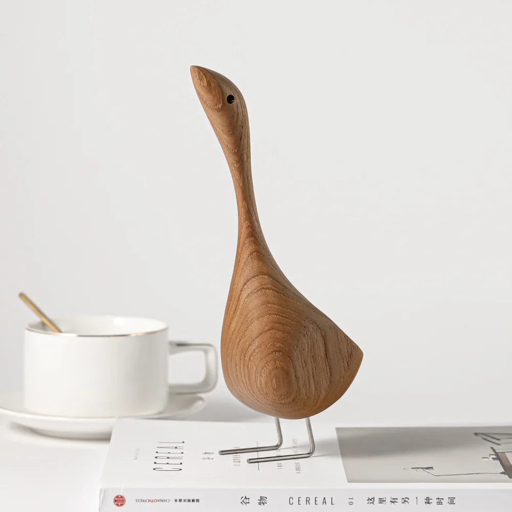 Nordic wooden goose figurines abstract teak wood sculpture lovely couple figure nature animal ornaments for home