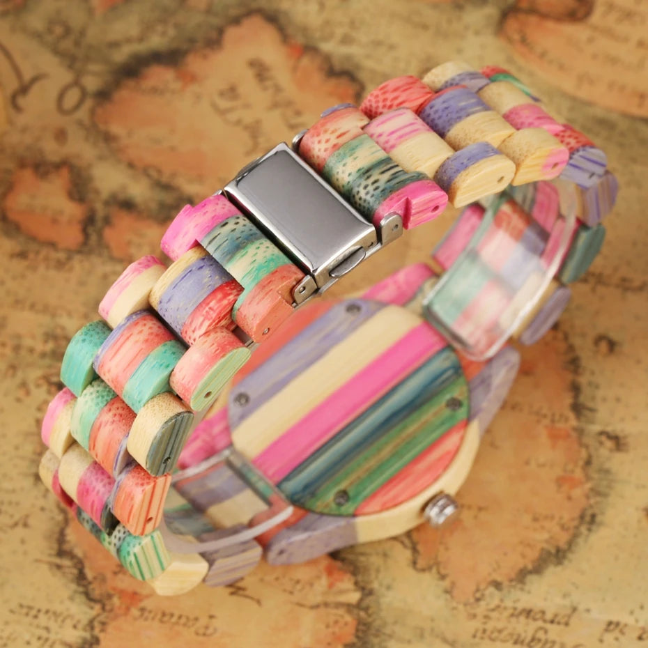 Women wood watch 100% handmade natural colorful bamboo quartz wristwatch design luxury montre bambu dama madera relojes