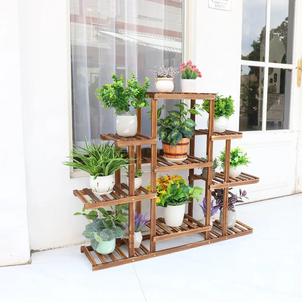 Multi-tiered plant stand 9 tier carbonized wood flower rack display indoor