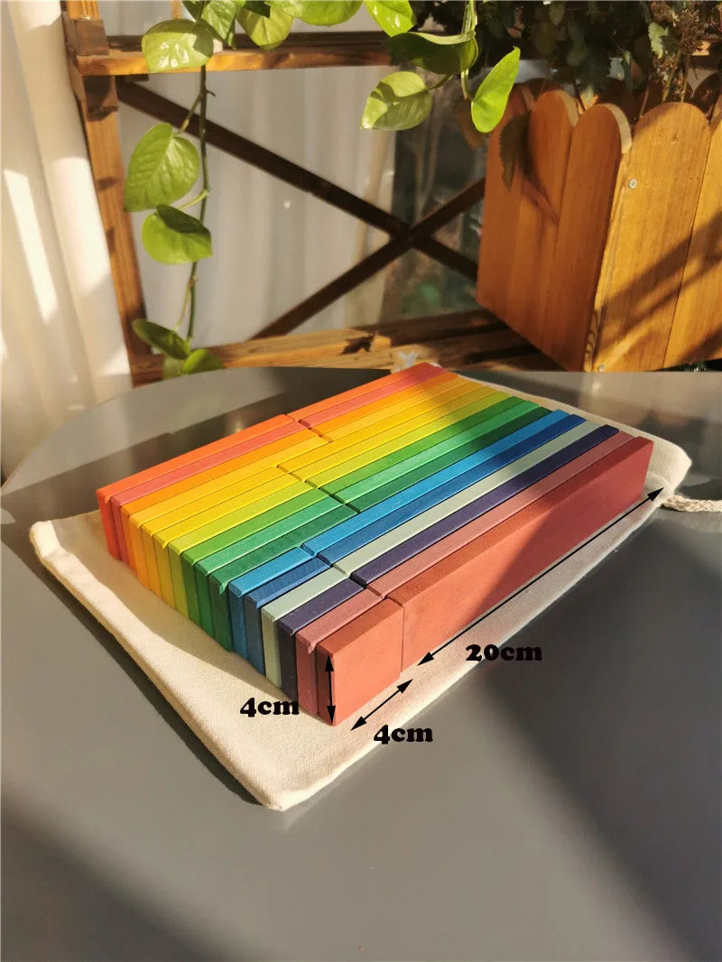 Large rainbow wood building slats construct cubes blocks pastel stacking timber toys for kids early learning - game