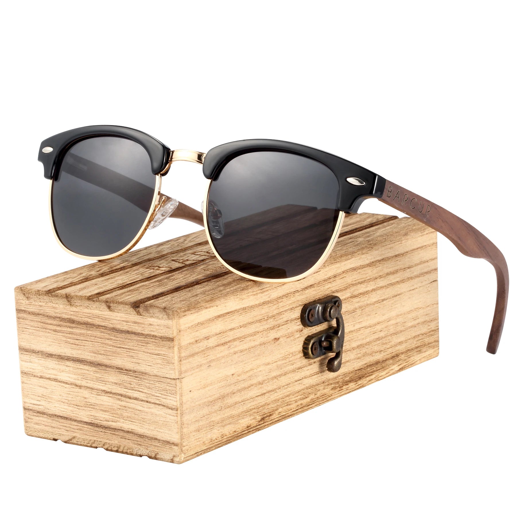 Barcur classic black walnut wood sunglasses men polarized sun glasses women handmade eyewear oculos - gloss box / china