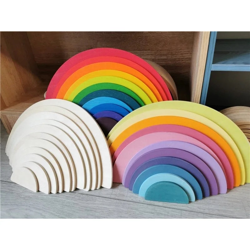 Kids wood rainbow arch stacker pastel building blocks semi-circle balls plate unpaint stacking toys - game