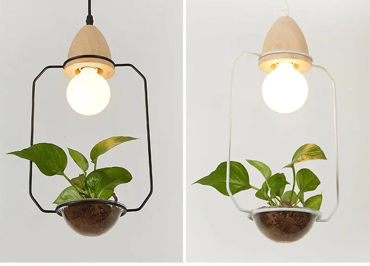 Art deco led plant pendant light with wood base e27 creative rustic pot culture hanging lamp for dining room cafe bar