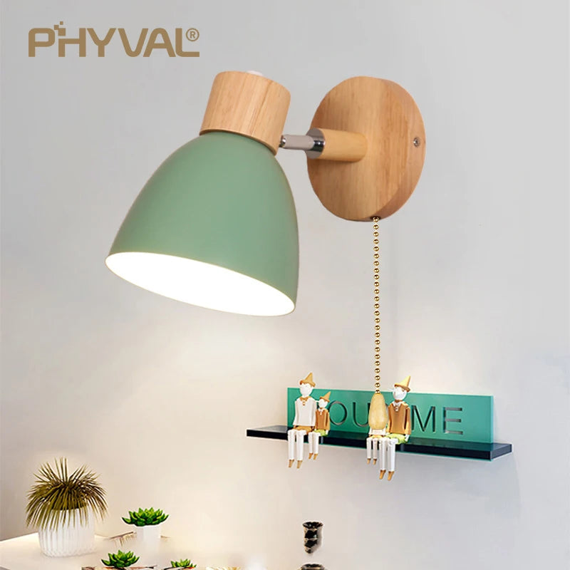 Wooden nordic wall lamp with switch modern sconce for bedroom living room home lighting macaroon 6 color steering head