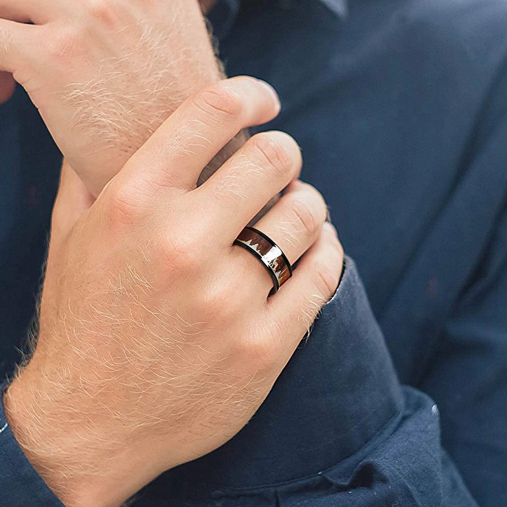 2023 fashion 8mm men black titanium wild life hunting ring koa wood inlay deer family silhouette steel wedding band