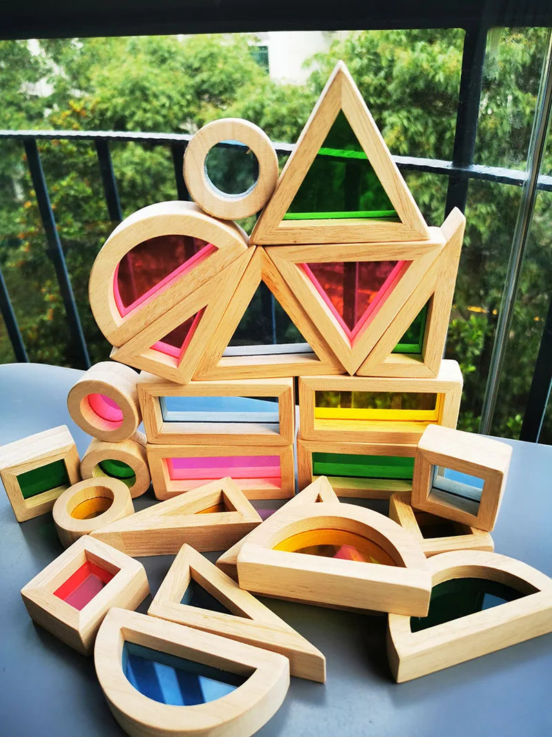 Kids montessori wooden toy sensory rainbow mirror blocks solid rubber wood stacking acrylic building stacker