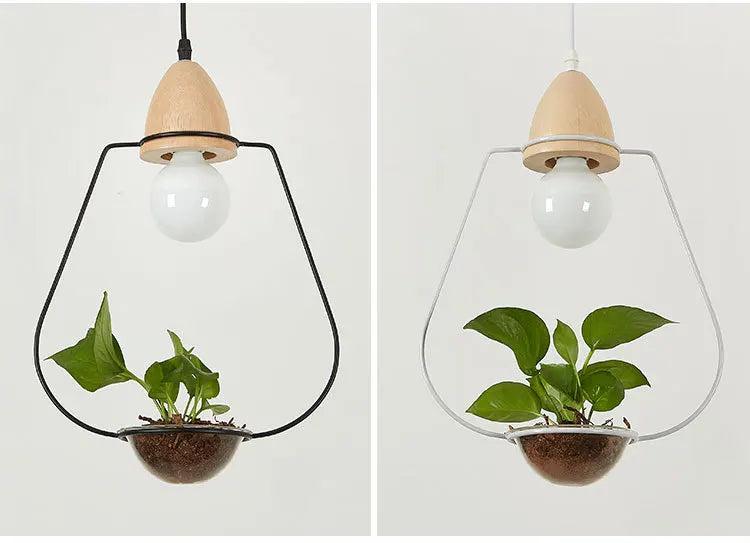 Art deco led plant pendant light with wood base e27 creative rustic pot culture hanging lamp for dining room cafe bar