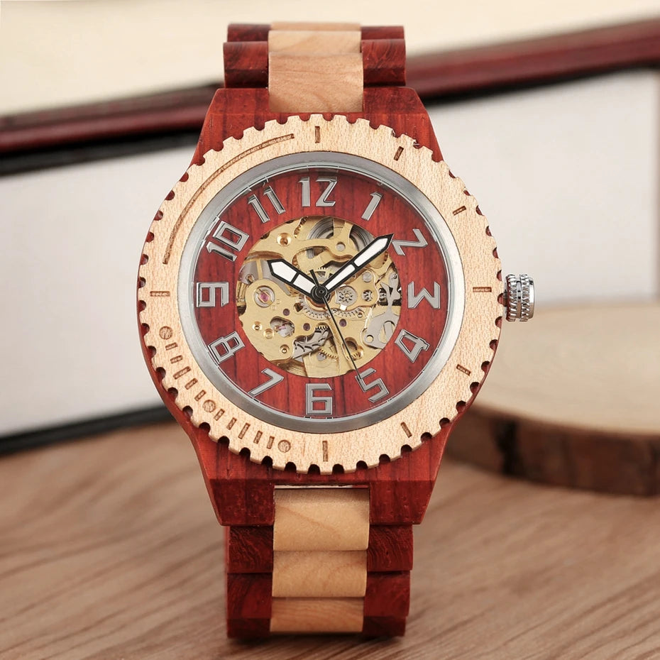 Vintage red wood watch mens automatic mechanical wristwatches wooden band simple round dial luxury relogio masculino