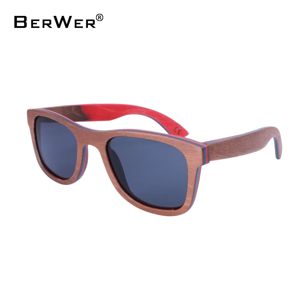 Berwer skateboard wooden sun glasses brown frame with coating mirror wood sunglasses uv400 protection lenses