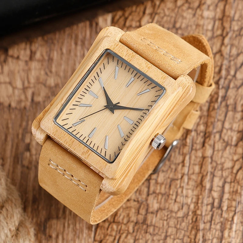Creative rectangle dial wood watch natural handmade light bamboo fashion men women casual quartz wristwatch genuine