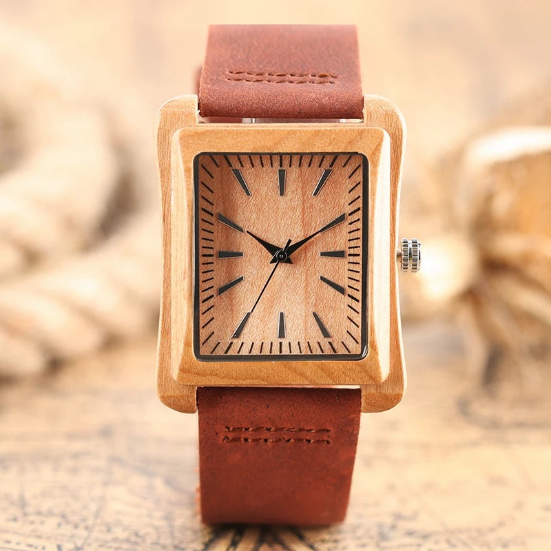 Creative rectangle dial wood watch natural handmade light bamboo fashion men women casual quartz wristwatch genuine