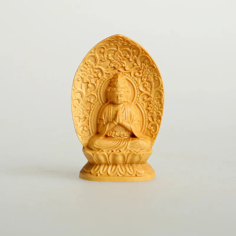 Portable bamboo travel prayer box shrine set with wood carved manjushri statue & separate praying buddha figurine zen