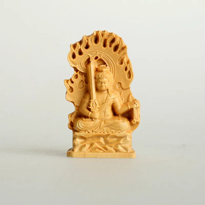 Portable bamboo travel prayer box shrine set with wood carved manjushri statue & separate praying buddha figurine zen