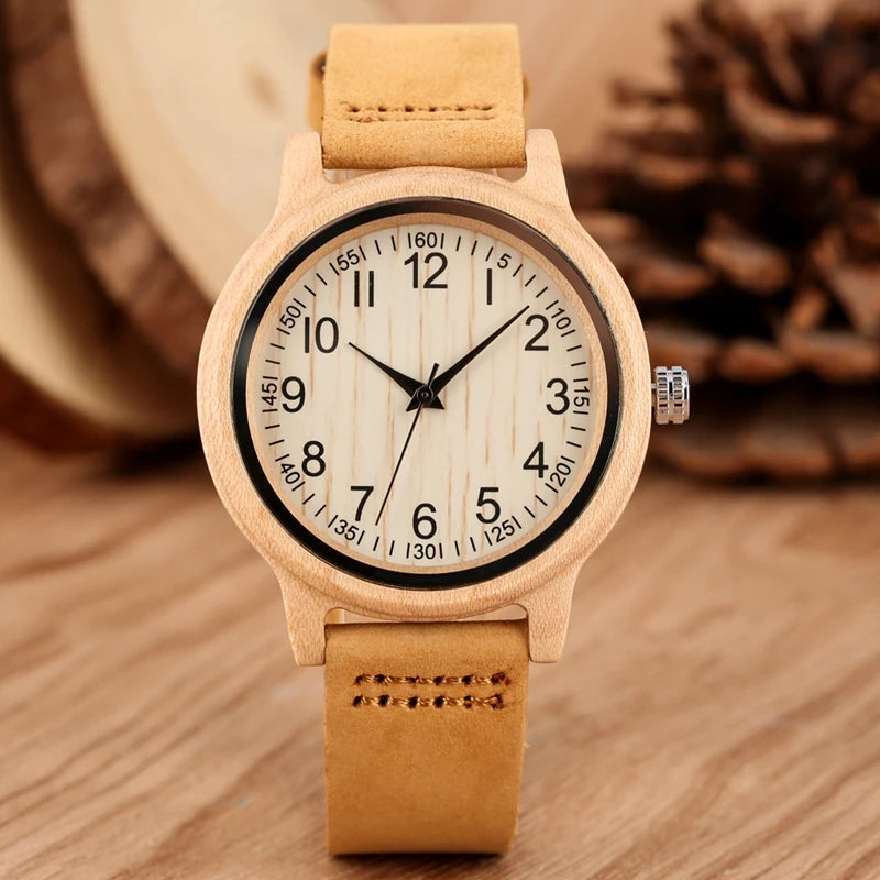 Natural bamboo wooden watches ladies watch female precise scale wood wristwatch slim leather band quartz for women girls