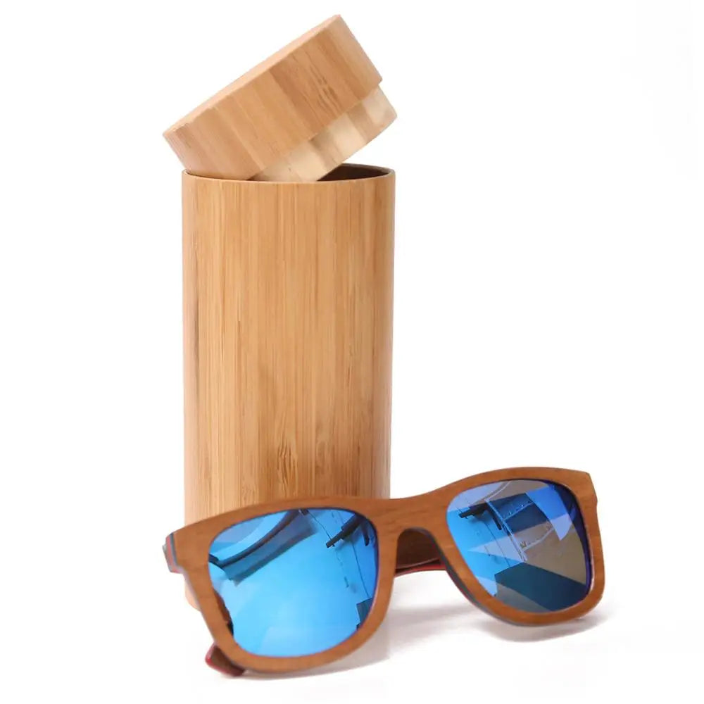 Berwer skateboard wooden sun glasses brown frame with coating mirror wood sunglasses uv400 protection lenses - blue