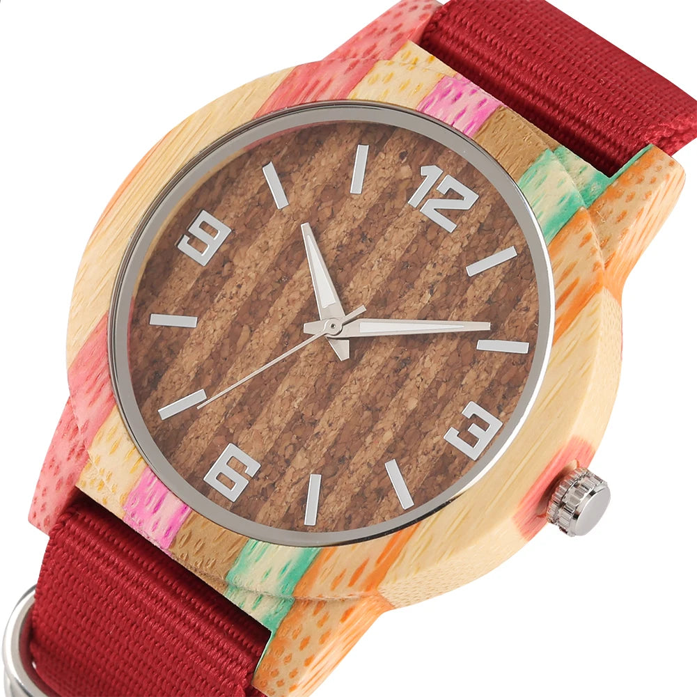 Women’s natural bamboo quartz wooden watch super lightweight wood watches luminous hands wrist nylon band