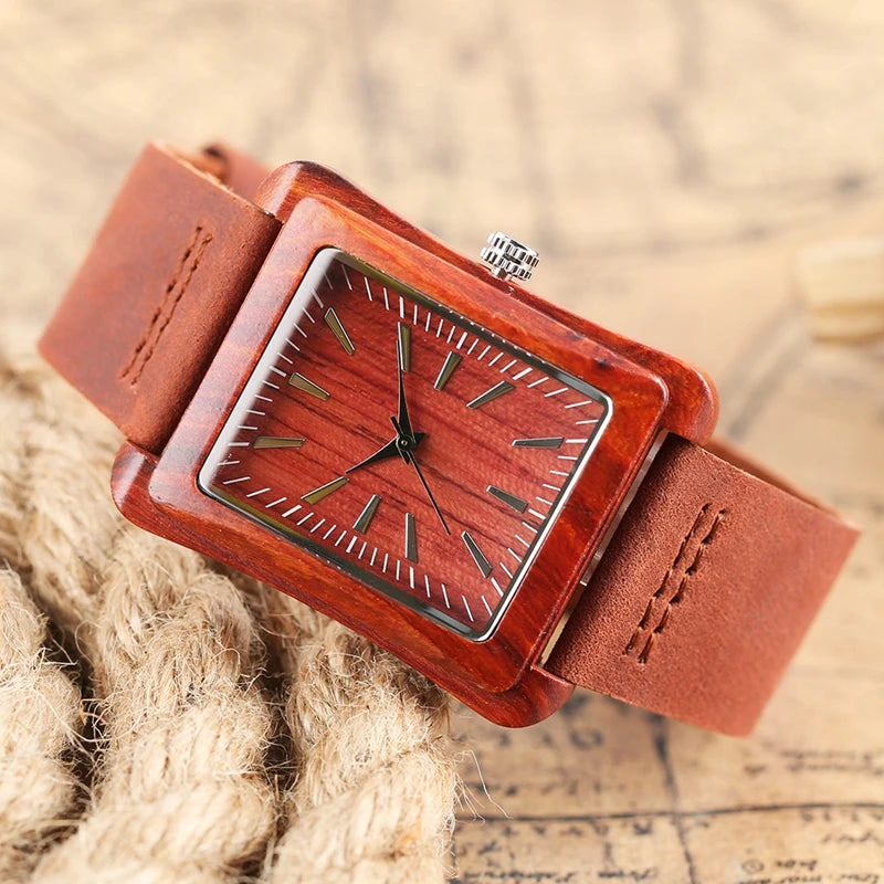 Creative rectangle dial wood watch natural handmade light bamboo fashion men women casual quartz wristwatch genuine