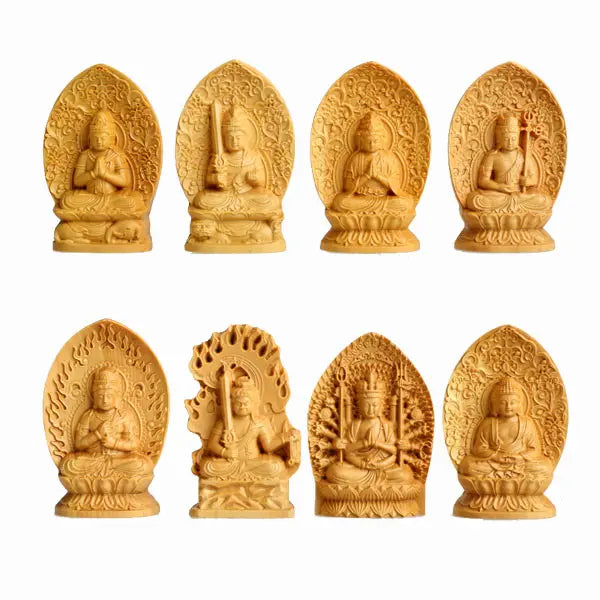 Portable bamboo travel prayer box shrine set with wood carved manjushri statue & separate praying buddha figurine zen