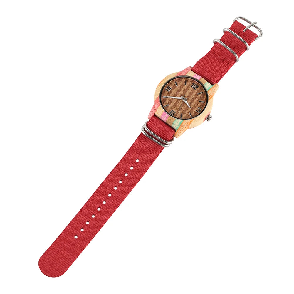 Women’s natural bamboo quartz wooden watch super lightweight wood watches luminous hands wrist nylon band