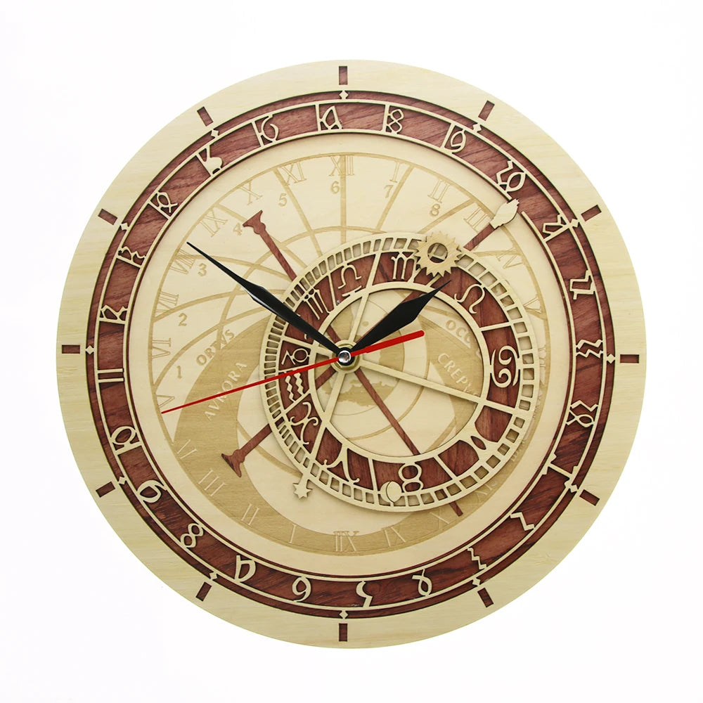 Prague astronomical clock in wood czech republic medieval astronomy wall art astrology decorative watch artwork gift
