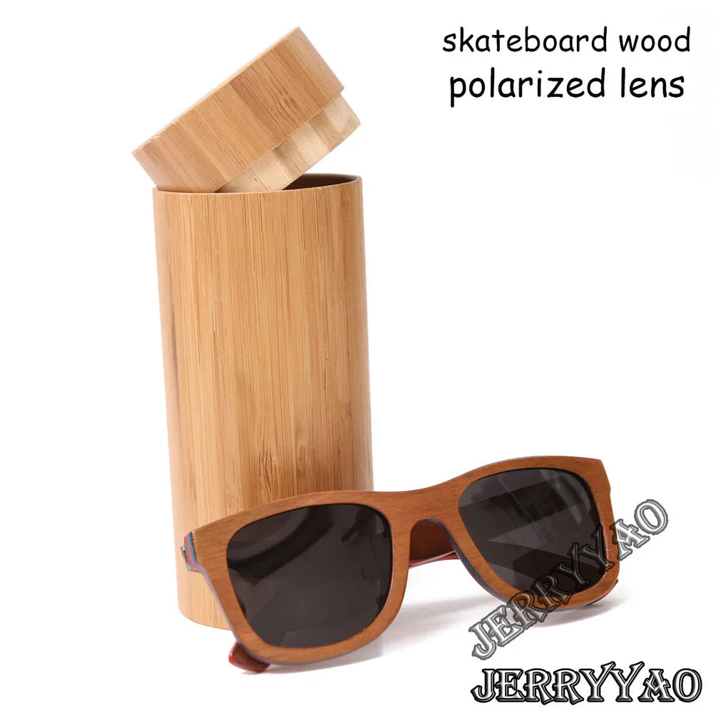 Berwer skateboard wooden sun glasses brown frame with coating mirror wood sunglasses uv400 protection lenses - black