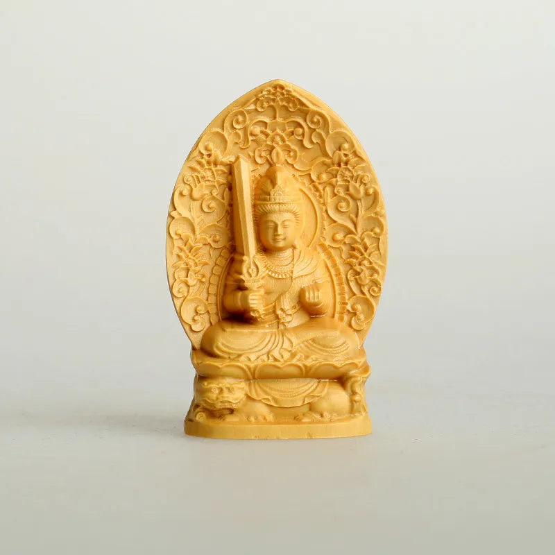 Portable bamboo travel prayer box shrine set with wood carved manjushri statue & separate praying buddha figurine zen