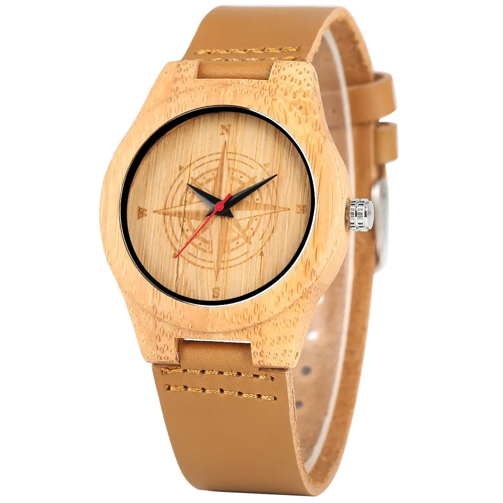 Women’s watch delicate brown eco-friendly natural quartz bamboo watches compass design pattern wristwatch