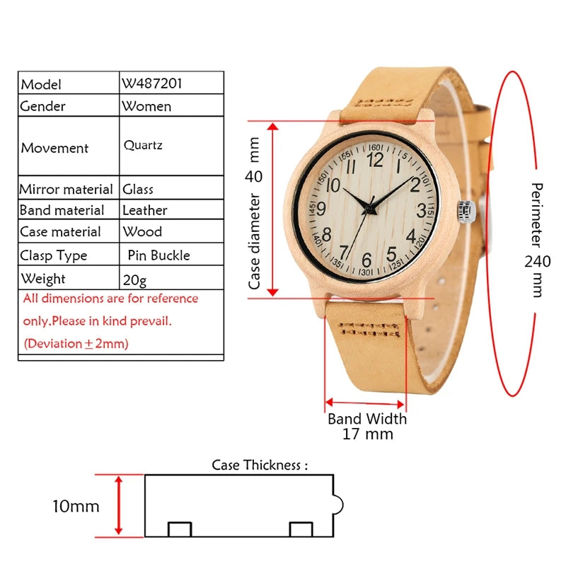 Natural bamboo wooden watches ladies watch female precise scale wood wristwatch slim leather band quartz for women girls