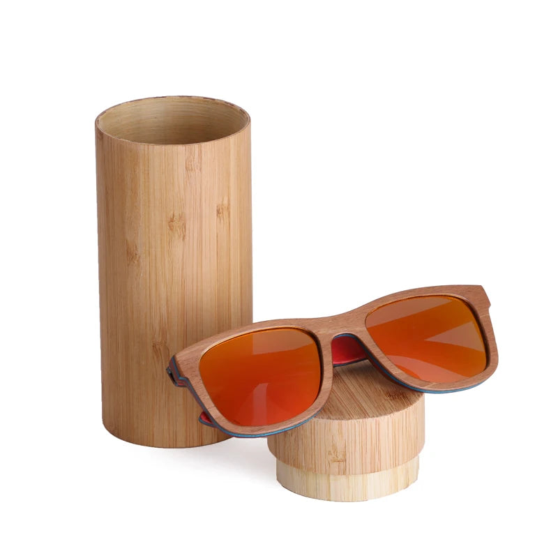 Berwer skateboard wooden sun glasses brown frame with coating mirror wood sunglasses uv400 protection lenses - red lens