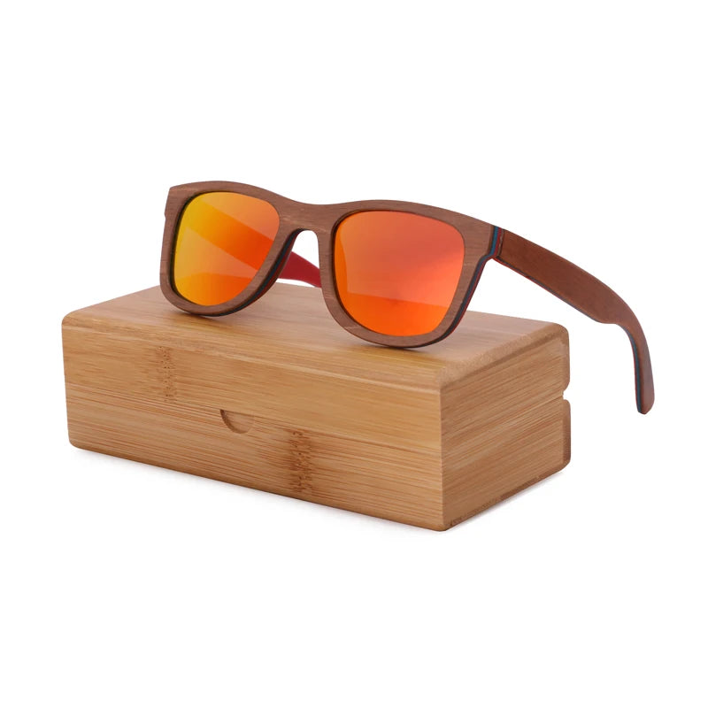 Berwer skateboard wooden sun glasses brown frame with coating mirror wood sunglasses uv400 protection lenses - red lens
