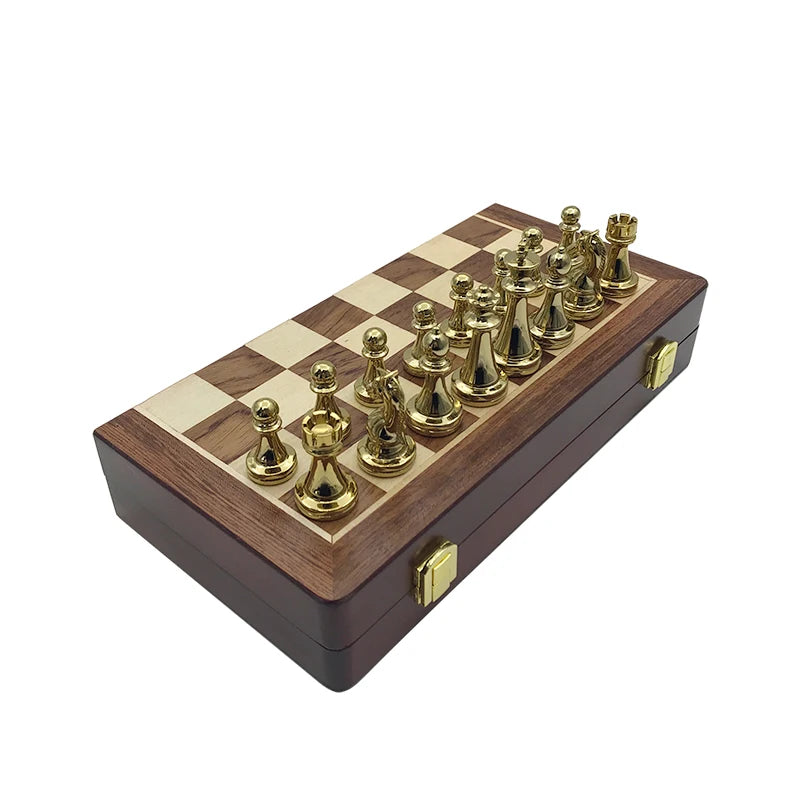 Easytoday metal glossy golden and silver chess pieces solid wooden folding board high grade professional games set