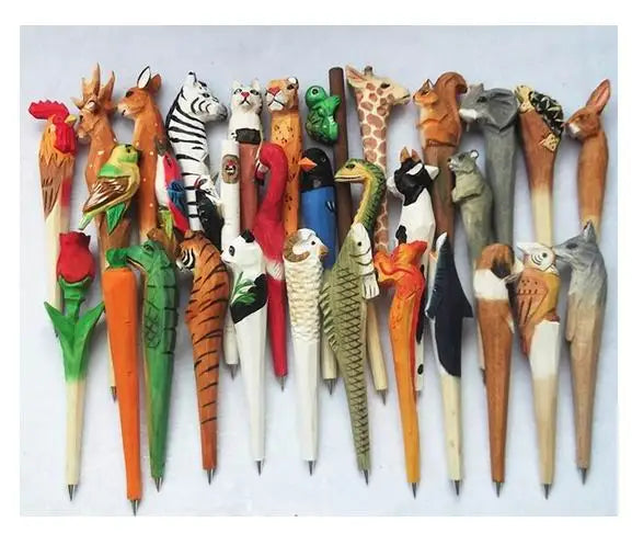Wooden folk art animal carving new creative ballpoint pen,animal shape pen wood pens hand carved - pen