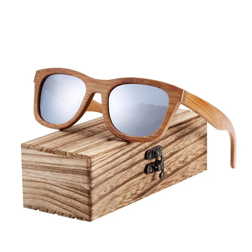 Barcur retro men sun glasses women polarized sunglasses bamboo handmade wood beach wooden oculos de sol - silver box