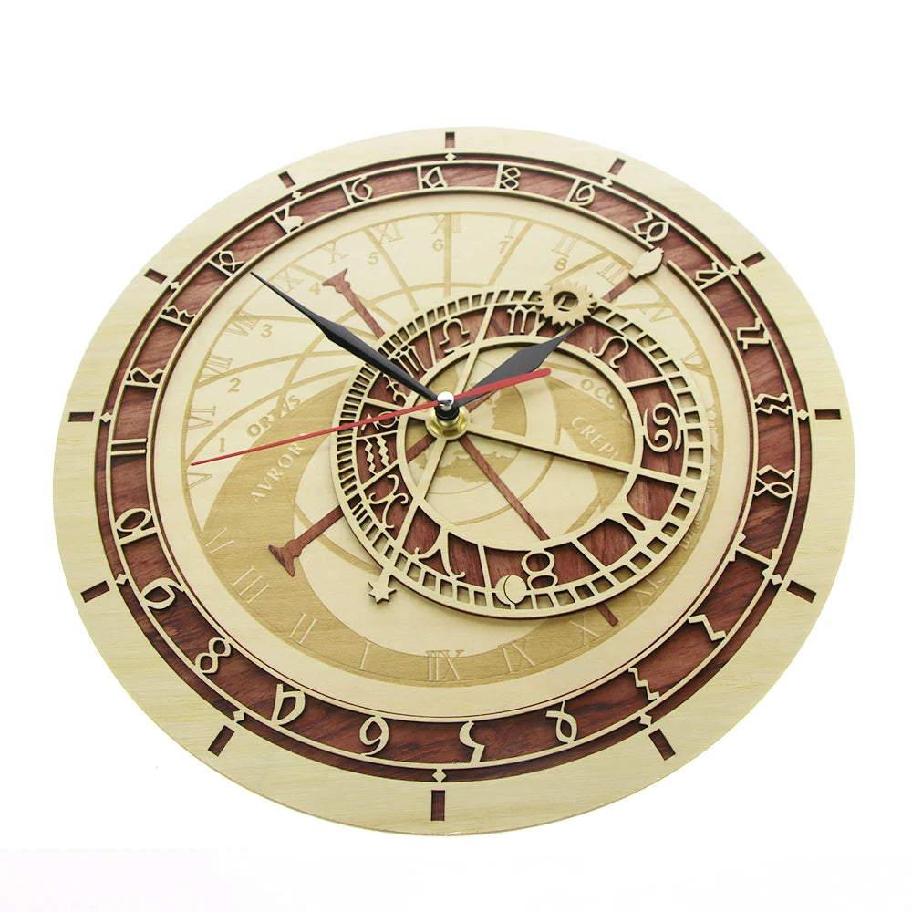 Prague astronomical clock in wood czech republic medieval astronomy wall art astrology decorative watch artwork gift