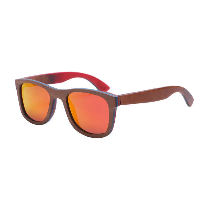 Berwer skateboard wooden sun glasses brown frame with coating mirror wood sunglasses uv400 protection lenses - red lens