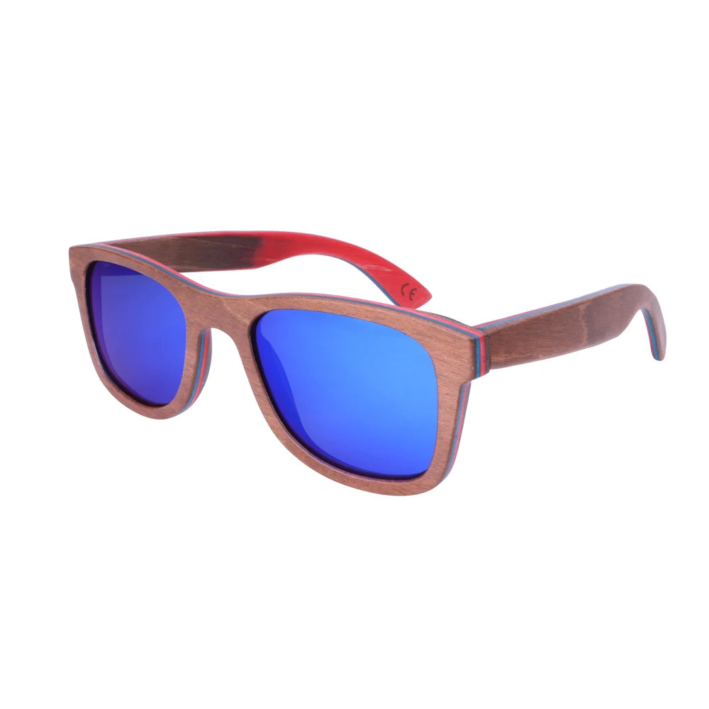 Berwer skateboard wooden sun glasses brown frame with coating mirror wood sunglasses uv400 protection lenses - blue lens