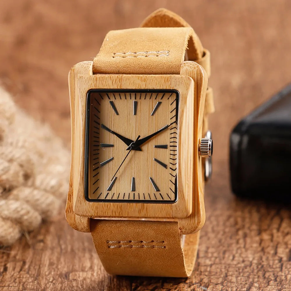 Creative rectangle dial wood watch natural handmade light bamboo fashion men women casual quartz wristwatch genuine