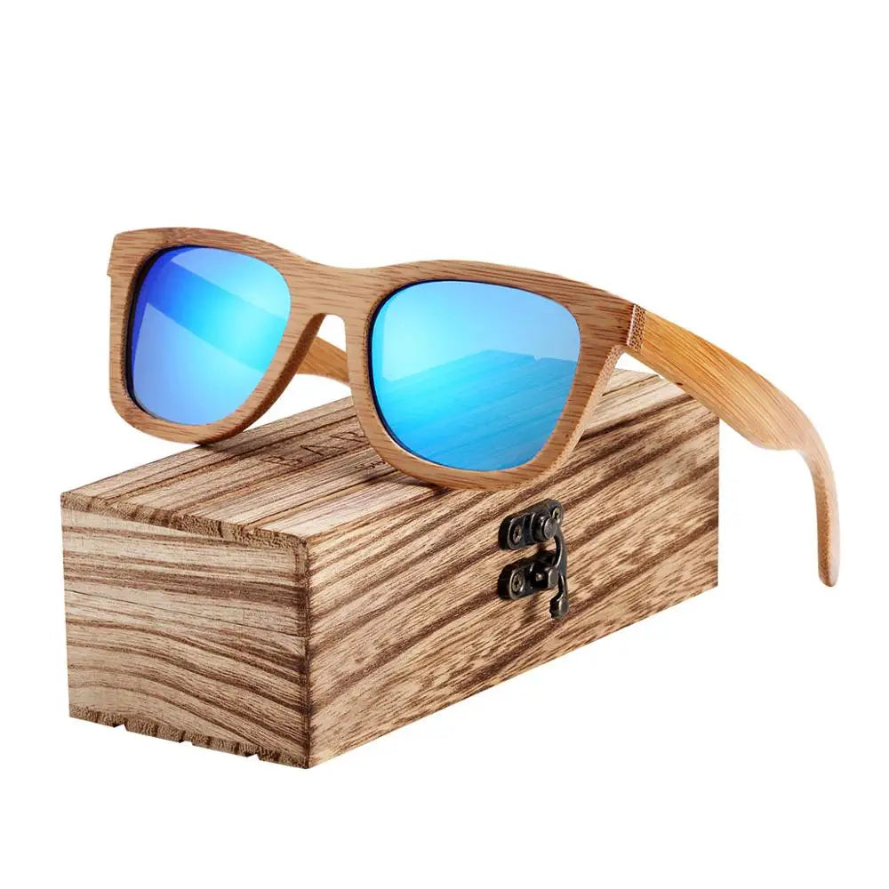 Barcur retro men sun glasses women polarized sunglasses bamboo handmade wood beach wooden oculos de sol - blue box