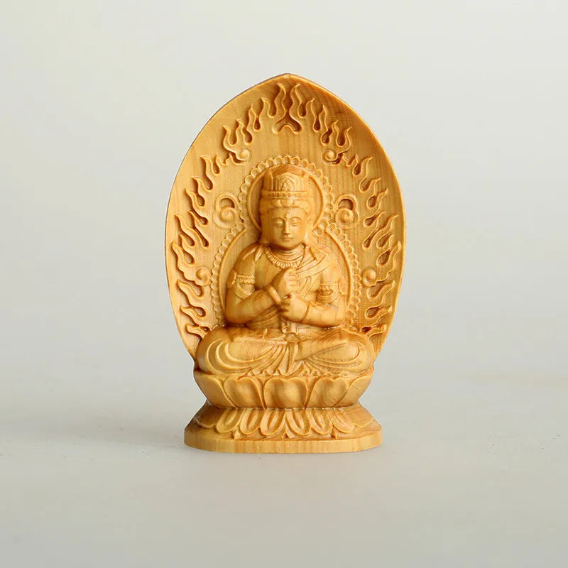 Portable bamboo travel prayer box shrine set with wood carved manjushri statue & separate praying buddha figurine zen