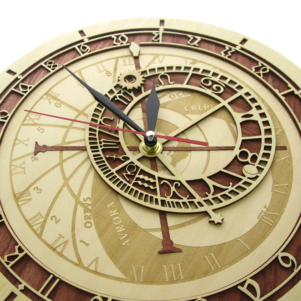 Prague astronomical clock in wood czech republic medieval astronomy wall art astrology decorative watch artwork gift