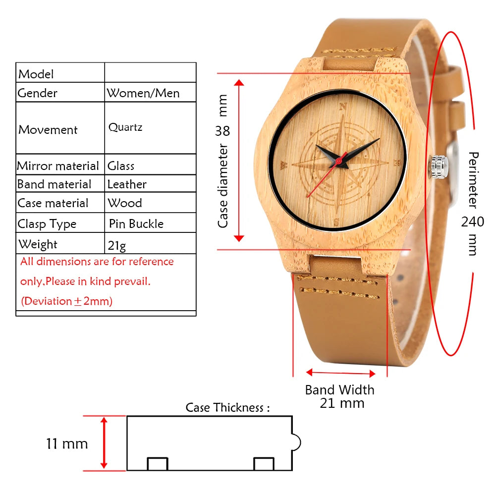 Women’s watch delicate brown eco-friendly natural quartz bamboo watches compass design pattern wristwatch