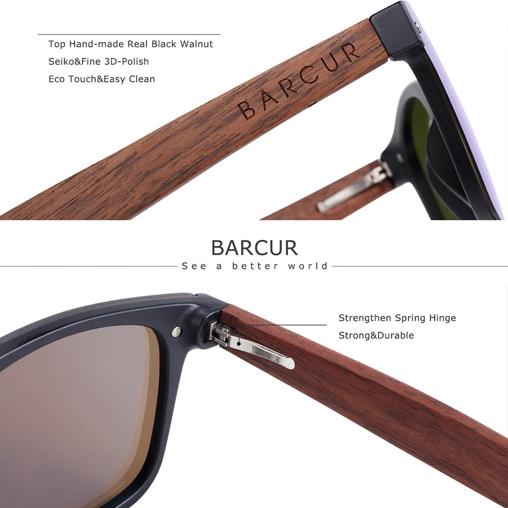 Barcur wood sunglasses natural black walnut sun glasses for men eyewear women polarized uv400 oculos de sol masculino